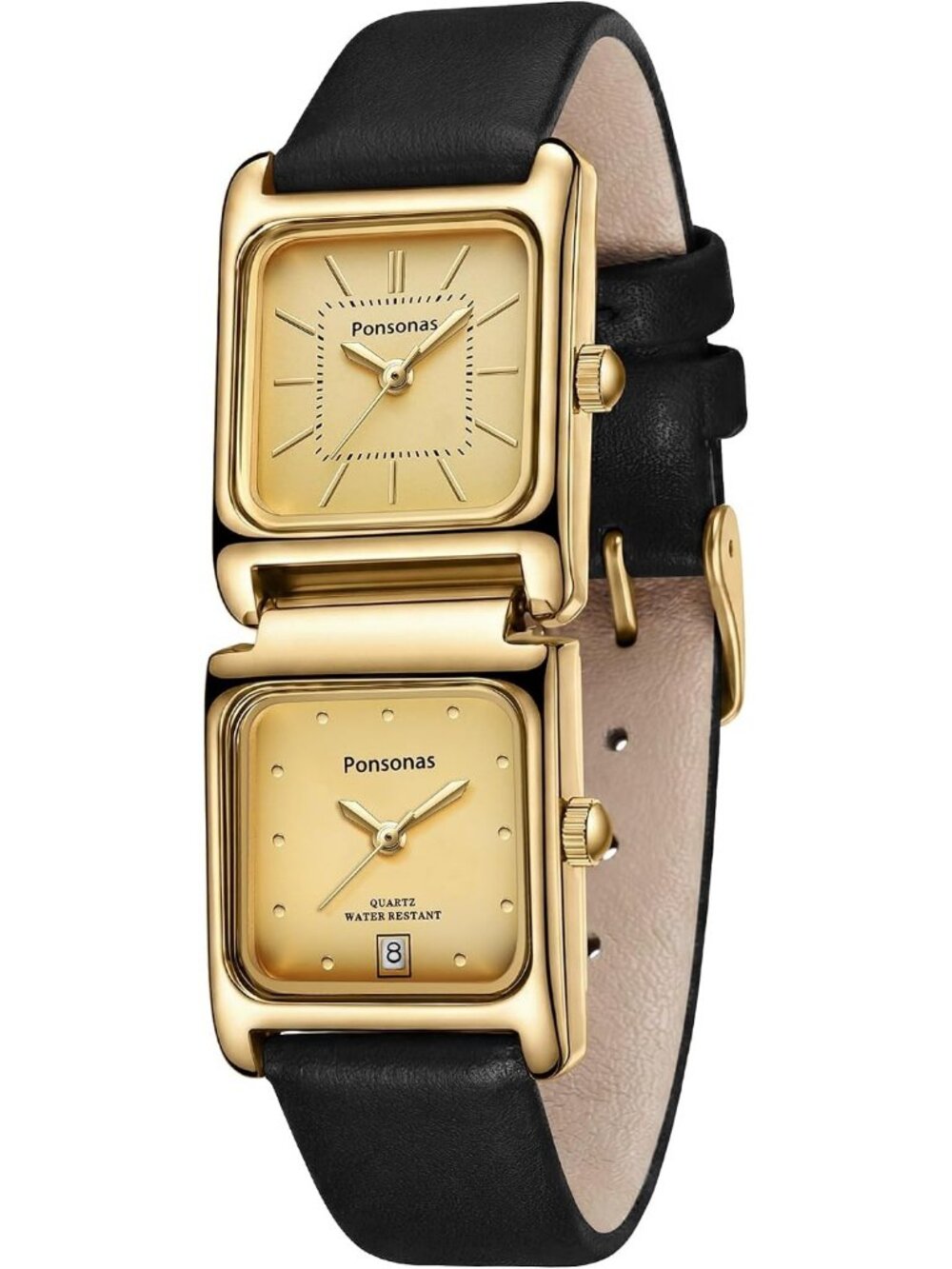 Women's Black Gold Leather Quartz Dual Square Dial Vintage Dress Wrist Watches